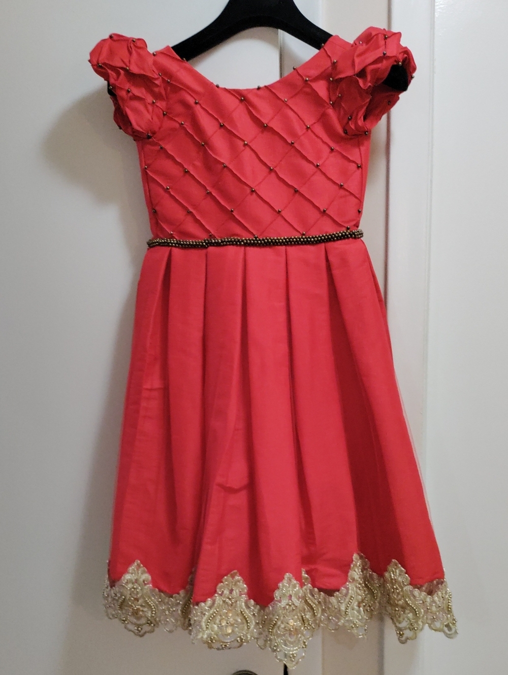 Girls Red Party Dress with Gold Trim